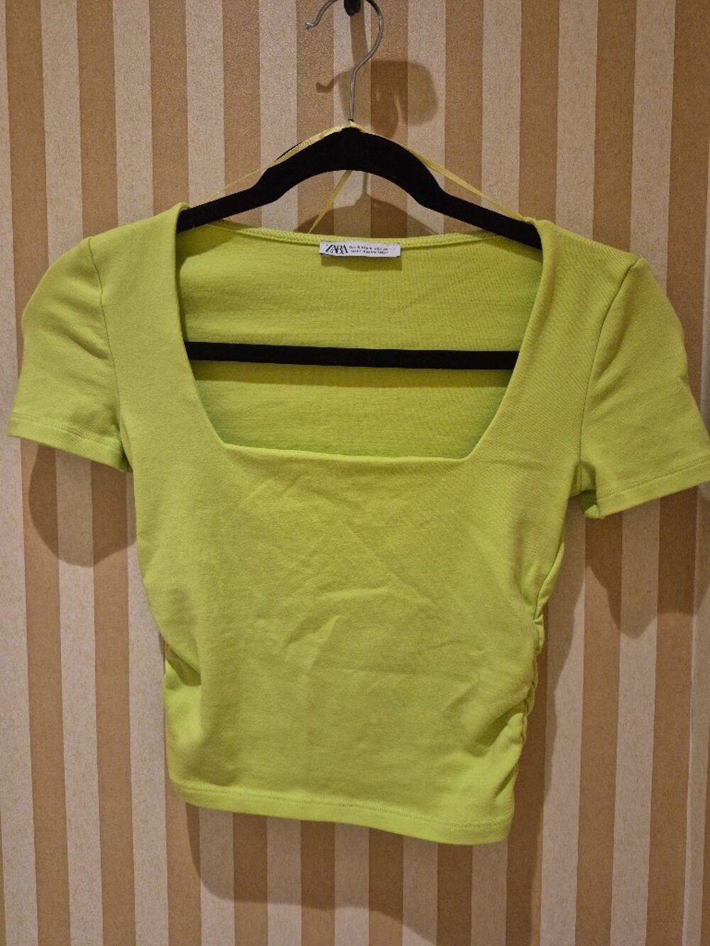 ZARA Lime Green Square Neck Crop Top Size S Ruched Y2K